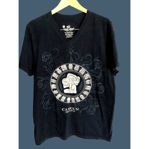 MAYAN VILLAGE-MENS BLUE SHORT SLEEVE ORGANIC COTTON GRAPHIC T-SHIRT SIZE LARGE